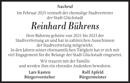 Traueranzeige von Reinhard Bührens von Norddeutsche Rundschau, Wilstersche Zeitung, Glückstädter Fortuna