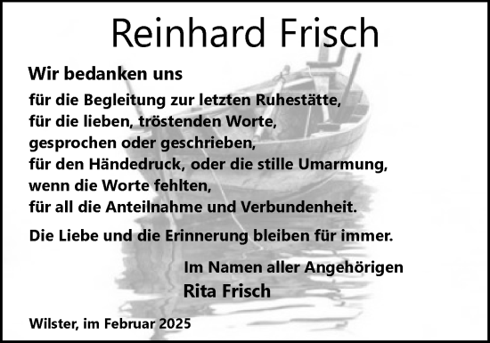 Traueranzeige von Reinhard Frisch von Norddeutsche Rundschau, Wilstersche Zeitung, Glückstädter Fortuna