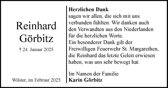 Traueranzeige von Reinhard Görbitz von Norddeutsche Rundschau, Wilstersche Zeitung, Glückstädter Fortuna