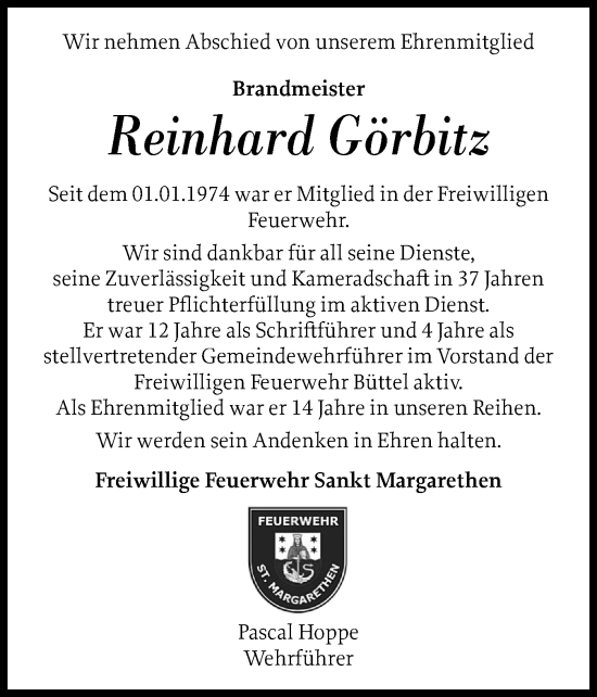 Traueranzeige von Reinhard Görbitz von Norddeutsche Rundschau, Wilstersche Zeitung, Glückstädter Fortuna