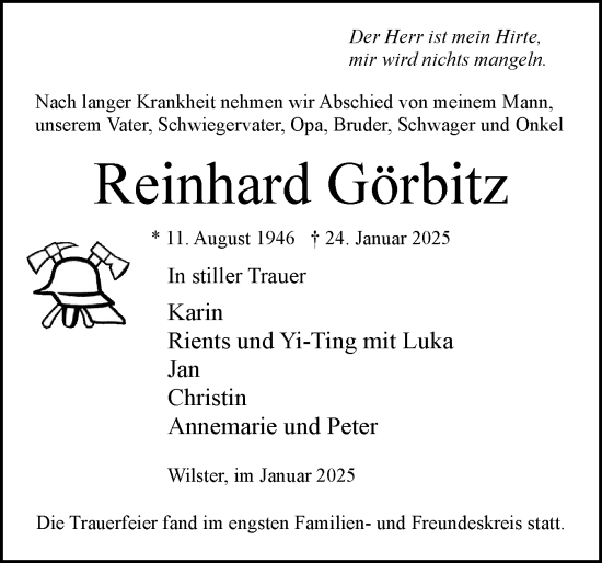 Traueranzeige von Reinhard Görbitz von Norddeutsche Rundschau, Wilstersche Zeitung, Glückstädter Fortuna