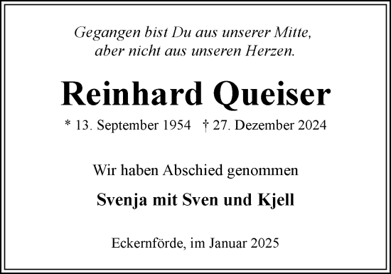 Traueranzeige von Reinhard Queiser von Eckernförder Zeitung, Hallo Eckernförde