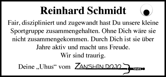 Traueranzeige von Reinhard Schmidt von Holsteinischer Courier
