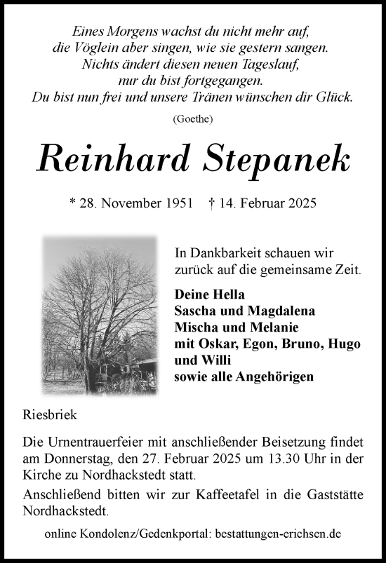 Traueranzeige von Reinhard Stepanek von Flensburger Tageblatt