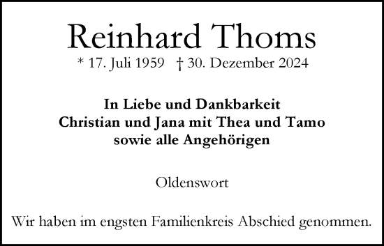 Traueranzeige von Reinhard Thoms von Husumer Nachrichten, Nordfriesland Tageblatt