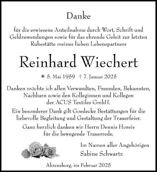 Traueranzeige von Reinhard Wiechert von MARKT Ahrensburg/Bargteheide/Trittau und Stormarner Tageblatt