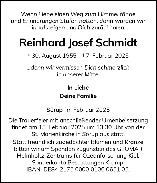 Traueranzeige von Reinhard Josef Schmidt von Flensburger Tageblatt