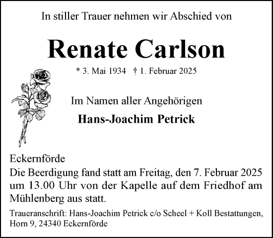 Traueranzeige von Renate Carlson von Eckernförder Zeitung, Hallo Eckernförde