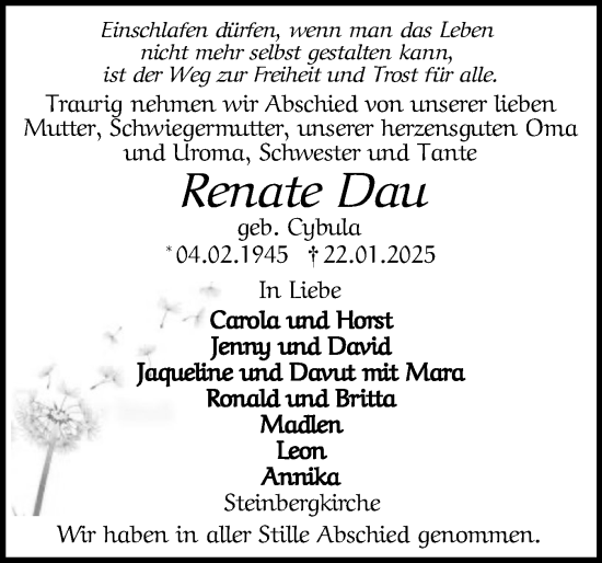 Traueranzeige von Renate Dau von Flensburger Tageblatt