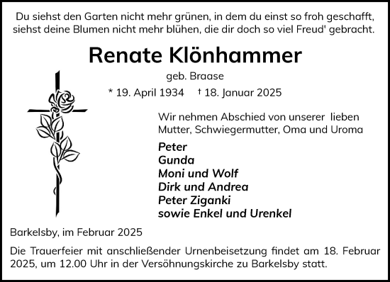 Traueranzeige von Renate Klönhammer von Eckernförder Zeitung, Hallo Eckernförde