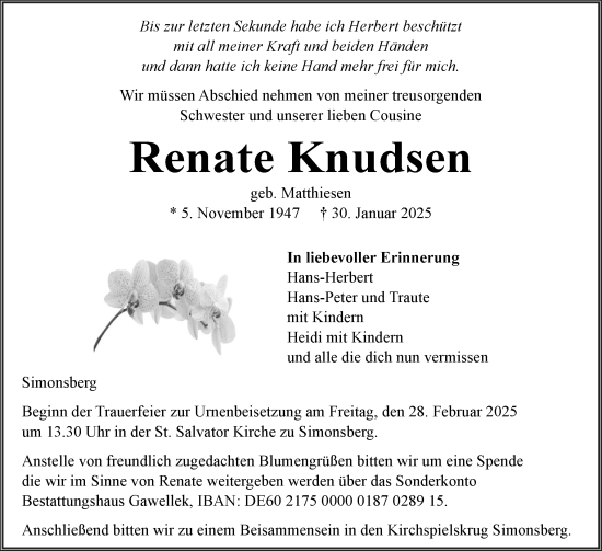Traueranzeige von Renate Knudsen von Husumer Nachrichten, Nordfriesland Tageblatt