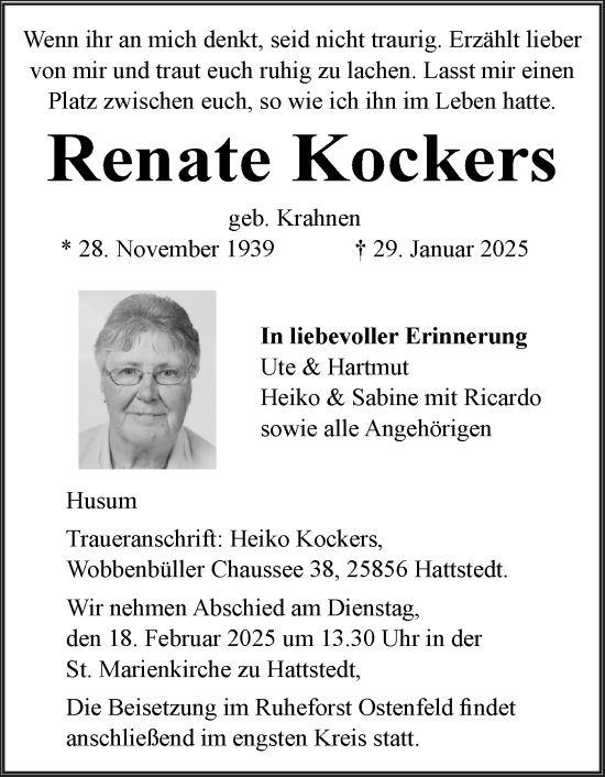 Traueranzeige von Renate Kockers von Husumer Nachrichten, Nordfriesland Tageblatt