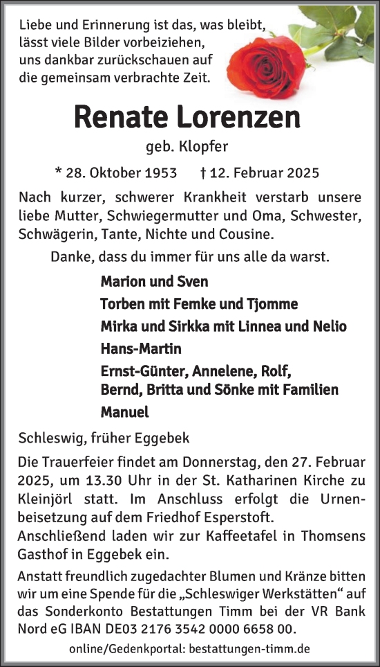 Traueranzeige von Renate Lorenzen von Region Flensburg