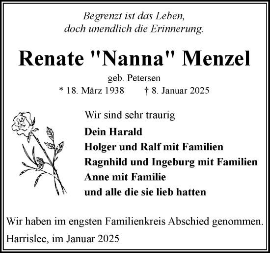 Traueranzeige von Renate Menzel von Flensburger Tageblatt