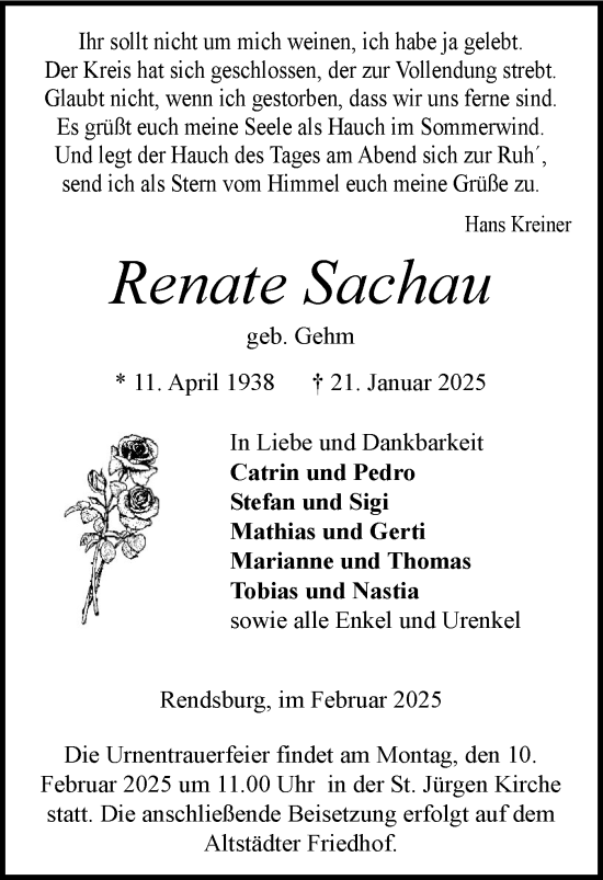 Traueranzeige von Renate Sachau von Schleswig-Holsteinische Landeszeitung