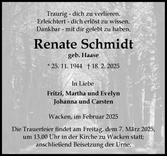 Traueranzeige von Renate Schmidt von Norddeutsche Rundschau, Wilstersche Zeitung, Glückstädter Fortuna