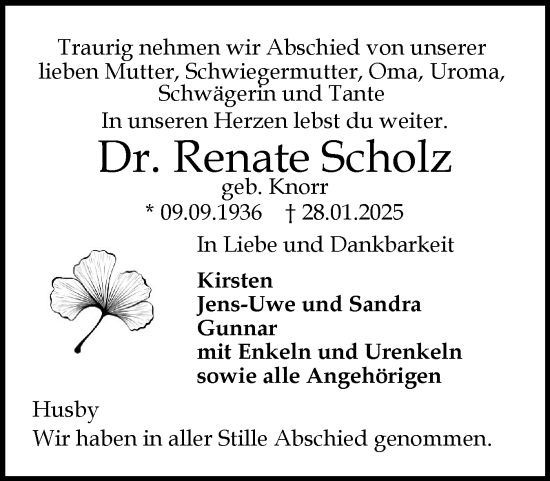 Traueranzeige von Renate Scholz von Flensburger Tageblatt