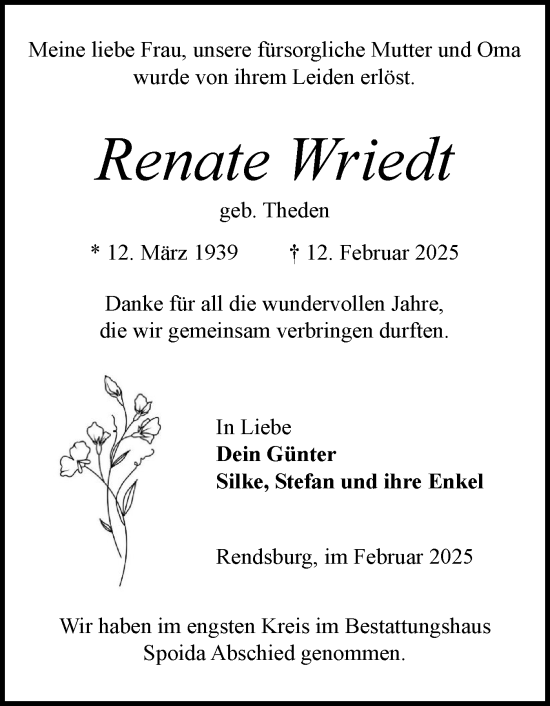 Traueranzeige von Renate Wriedt von Schleswig-Holsteinische Landeszeitung