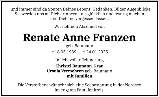 Traueranzeige von Renate Anne Franzen von Schleswiger Nachrichten, Schlei-Bote