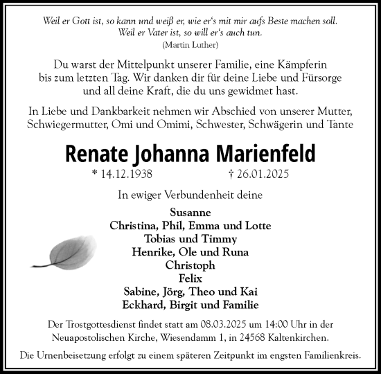 Traueranzeige von Renate Johanna Marienfeld von Umschau