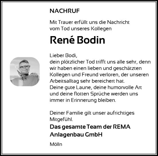 Traueranzeige von Rene Bodin von MARKT Ratzeburg/Mölln