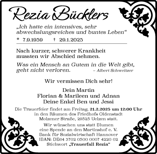 Traueranzeige von Rezia Bücklers von MARKT Ahrensburg/Bargteheide/Trittau und Stormarner Tageblatt