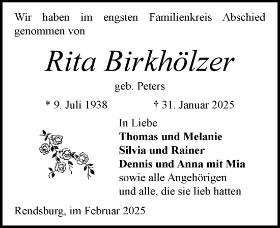 Traueranzeige von Rita Birkhölzer von Schleswig-Holsteinische Landeszeitung