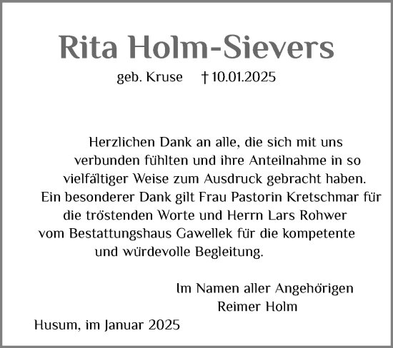 Traueranzeige von Rita Holm-Sievers von Husumer Nachrichten, Nordfriesland Tageblatt