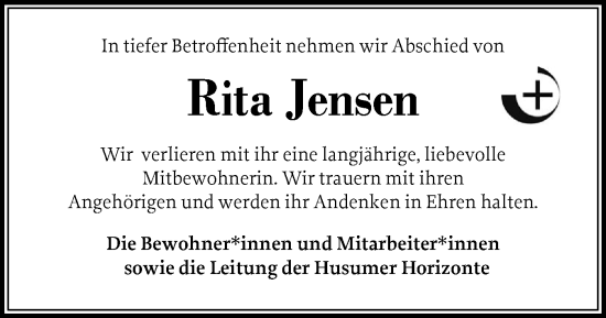 Traueranzeige von Rita Jensen von Husumer Nachrichten, Nordfriesland Tageblatt