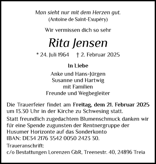 Traueranzeige von Rita Jensen von Husumer Nachrichten, Nordfriesland Tageblatt