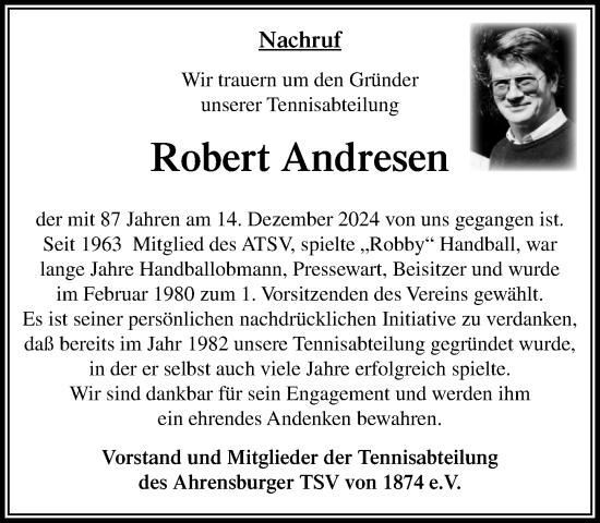 Traueranzeige von Robert Andresen von MARKT Ahrensburg/Bargteheide/Trittau und Stormarner Tageblatt