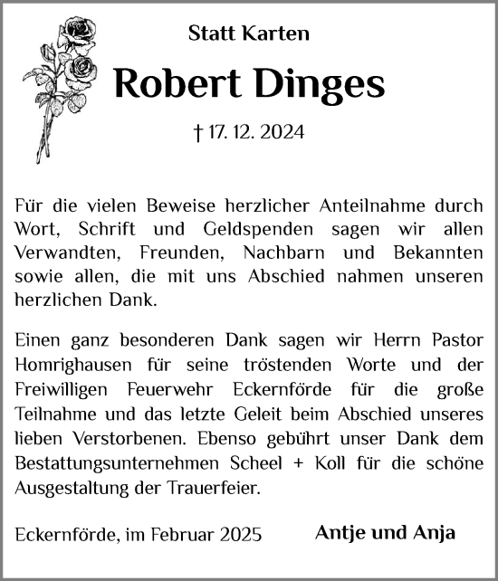 Traueranzeige von Robert Dinges von Eckernförder Zeitung, Hallo Eckernförde