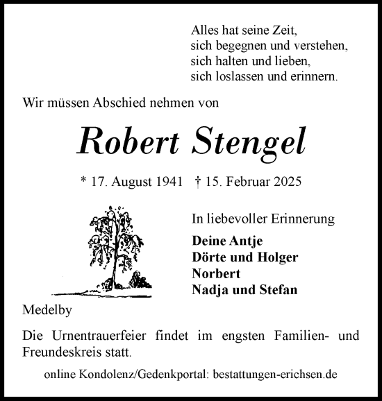 Traueranzeige von Robert Stengel von Flensburger Tageblatt