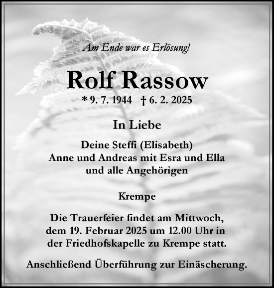 Traueranzeige von Rolf Rassow von Norddeutsche Rundschau, Wilstersche Zeitung, Glückstädter Fortuna