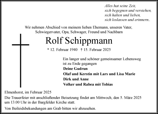 Traueranzeige von Rolf Schippmann von MARKT Ahrensburg/Bargteheide/Trittau und Stormarner Tageblatt