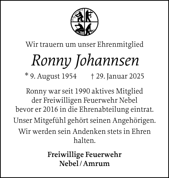 Traueranzeige von Ronny Johannsen von Der Insel-Bote