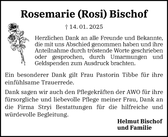 Traueranzeige von Rosemarie Bischof von Flensburger Tageblatt