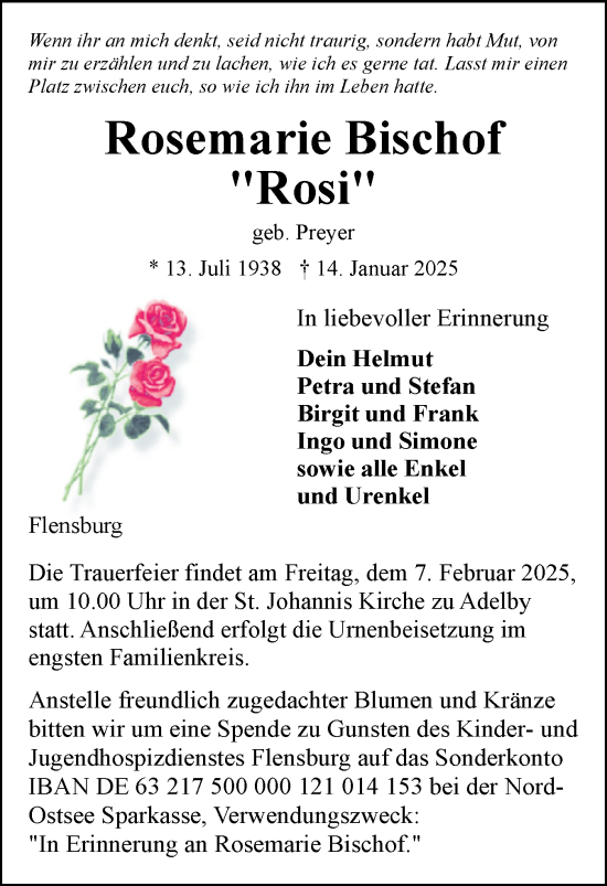 Traueranzeige von Rosemarie Bischof von Flensburger Tageblatt