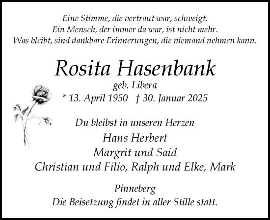 Traueranzeige von Rosita Hasenbank von Region Pinneberg und tip Pinneberg