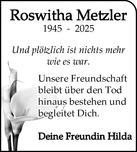 Traueranzeige von Roswitha Metzler von MARKT Ratzeburg/Mölln