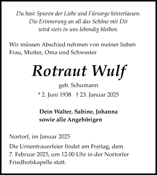 Traueranzeige von Rotraut Wulf von Schleswig-Holsteinische Landeszeitung