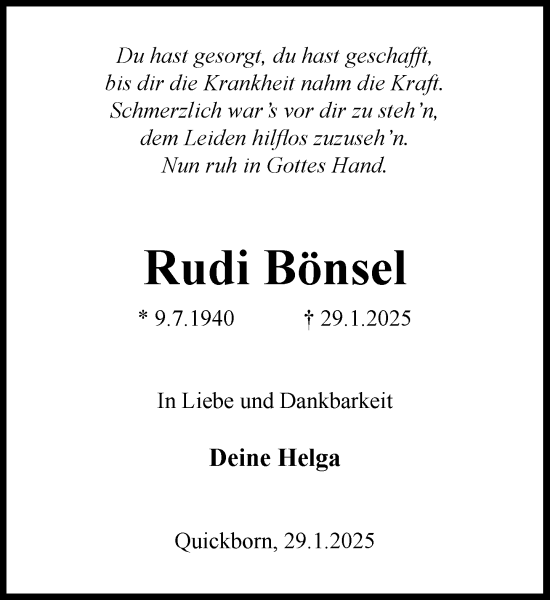 Traueranzeige von Rudi Bönsel von Umschau