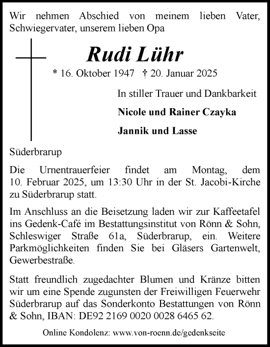 Traueranzeige von Rudi Lühr von Schleswiger Nachrichten, Schlei-Bote
