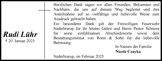 Traueranzeige von Rudi Lühr von Schleswiger Nachrichten, Schlei-Bote