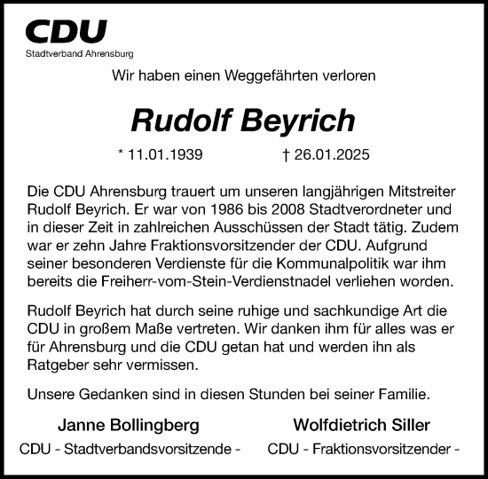 Traueranzeige von Rudolf Beyrich von MARKT Ahrensburg/Bargteheide/Trittau und Stormarner Tageblatt