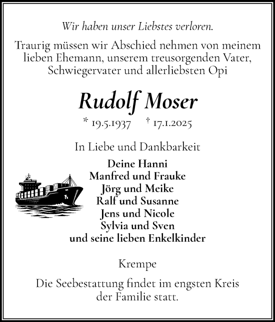 Traueranzeige von Rudolf Moser von Norddeutsche Rundschau, Wilstersche Zeitung, Glückstädter Fortuna