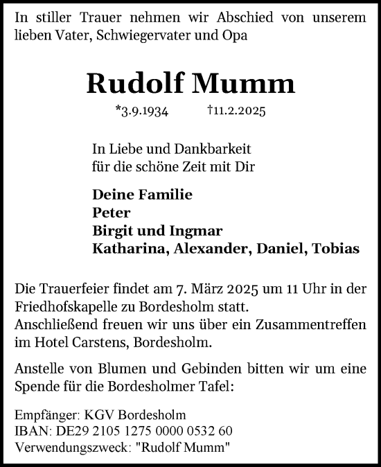 Traueranzeige von Rudolf Mumm von Holsteinischer Courier
