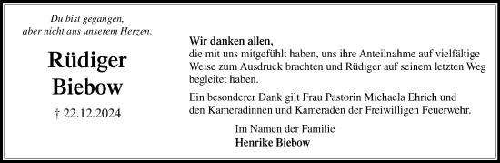 Traueranzeige von Rüdiger Biebow von MARKT Ratzeburg/Mölln