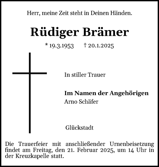 Traueranzeige von Rüdiger Brämer von Norddeutsche Rundschau, Wilstersche Zeitung, Glückstädter Fortuna