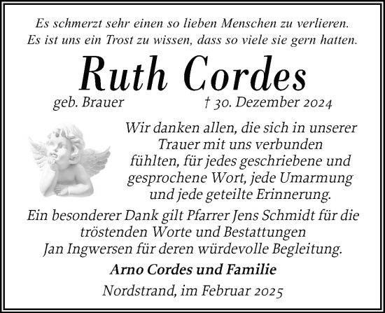 Traueranzeige von Ruth Cordes von Husumer Nachrichten, Nordfriesland Tageblatt